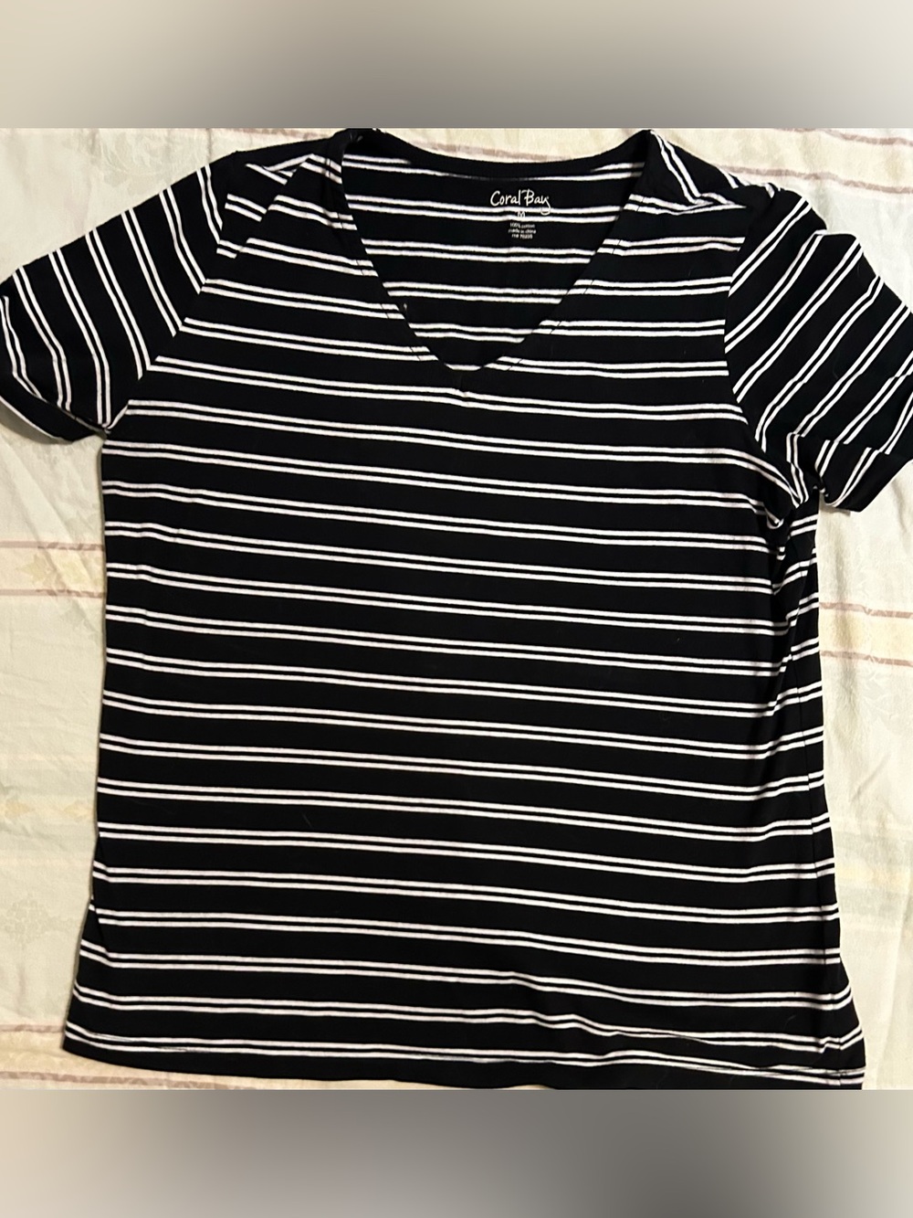 Coral Bay Black & White Striped V-Neck Short Sleeve Tee